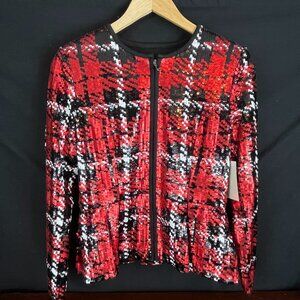 Holiday Ready Boston Proper Sequined Plaid Peplum Zip Blazer